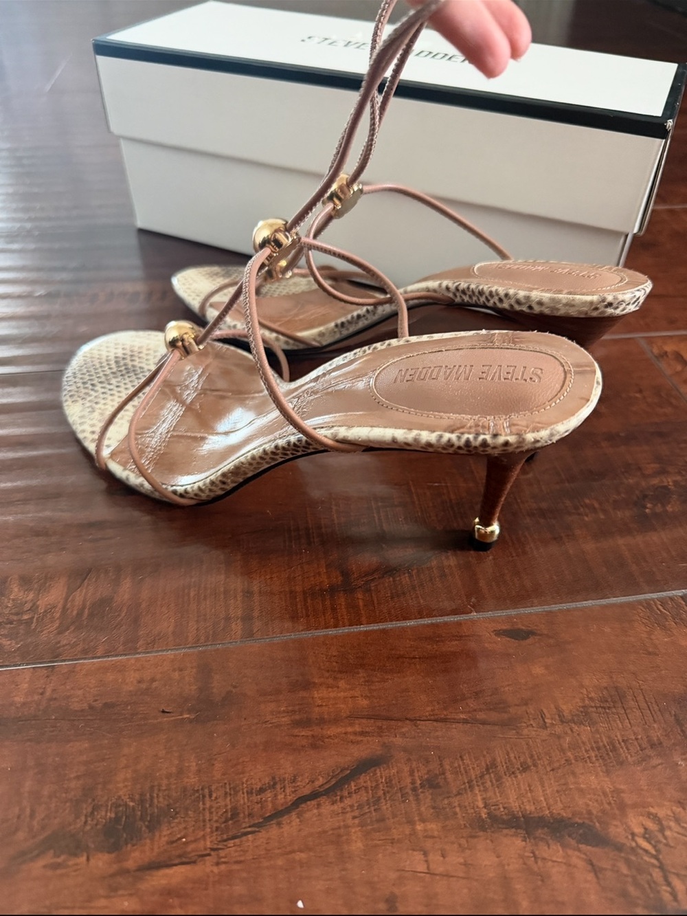 Steve Madden Ramos Tan Brown Snake-Print Strappy Heels with Gold Accents - Picture 5 of 6